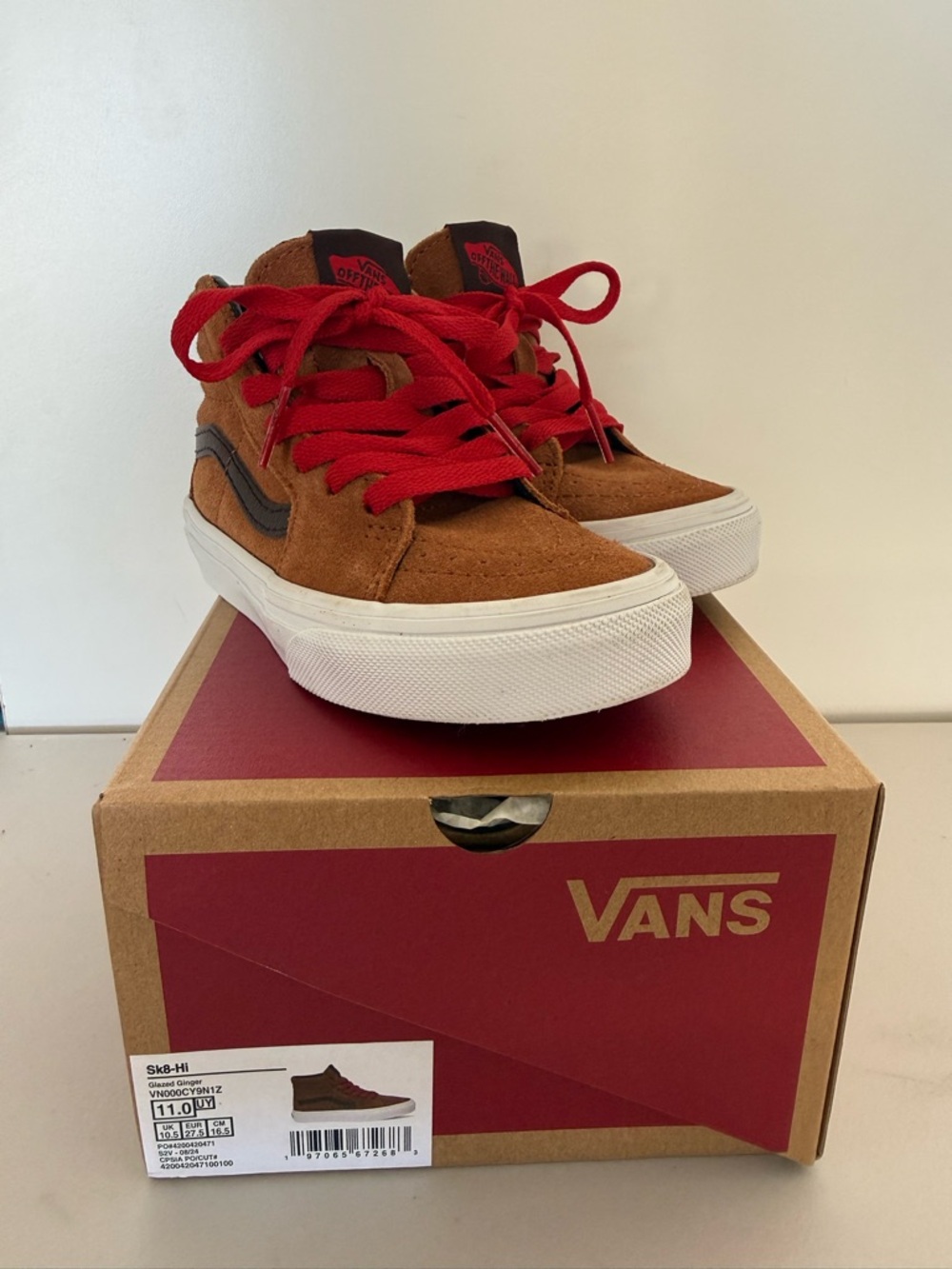 Vans Kids Sk8-Hi Suede Sneakers in Brown with Red Laces